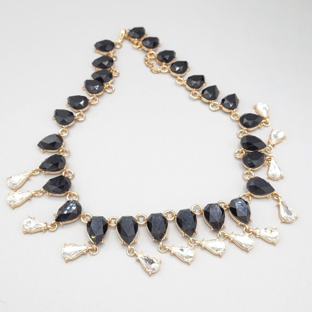 Womens Gold Tone Metal Black Clear Faceted Teardrop Crystal Necklace 19 in - Picture 5 of 9
